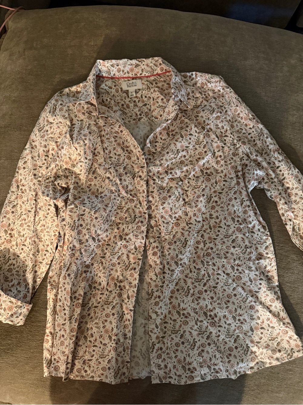 croft & barrow Cream Floral Button-Down Blouse with Pink and Tan Accents
